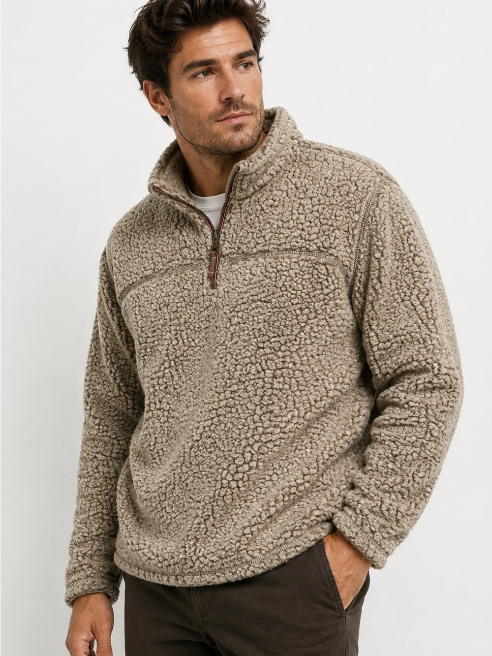 Grizzly Sherpa Mens Quarter-Zip Pullover Sweater - Taupe brown size large